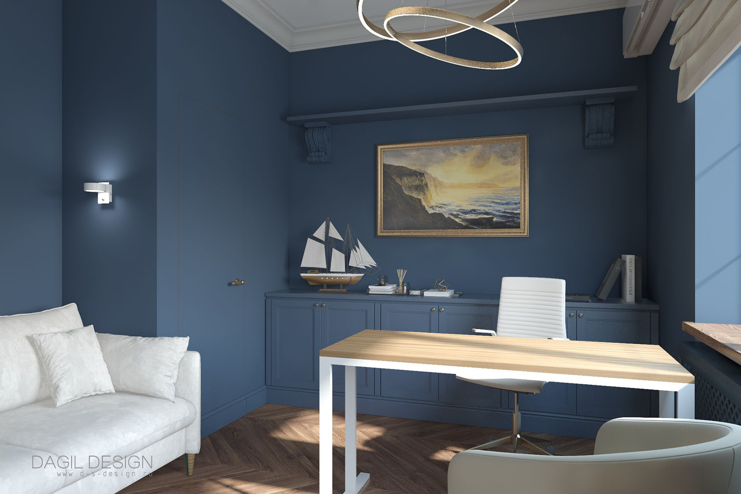 дизайн кабинета с синими стенами и акцентной картиной