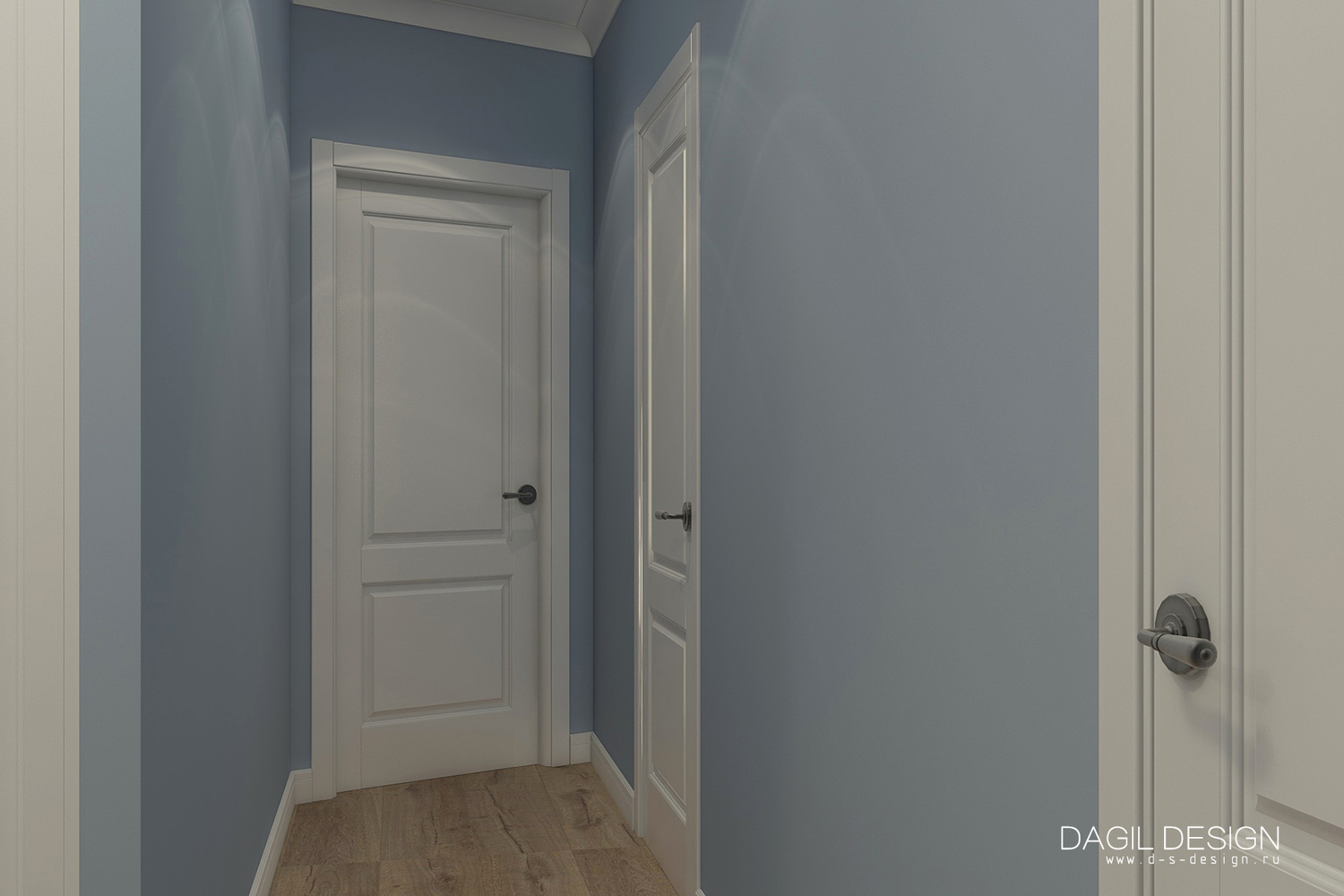 дизайн коридора с синими стенами